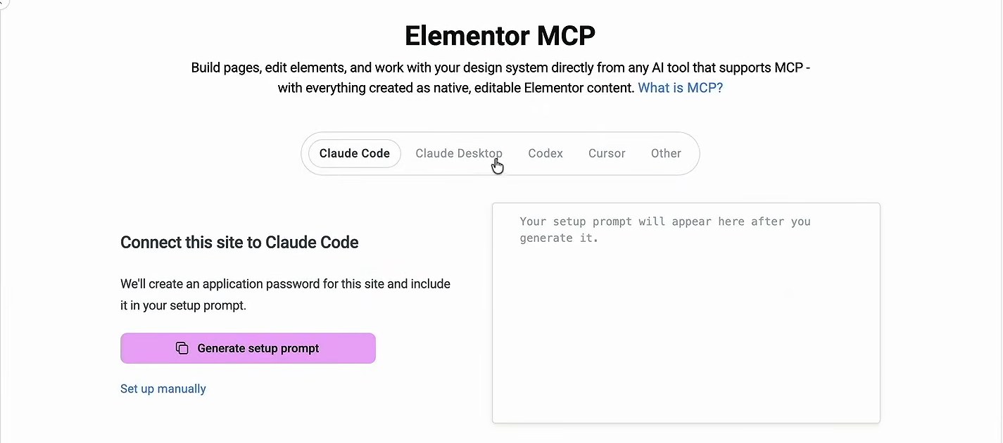 Вкладка Elementor MCP: выбираем агента и создаём промт подключения