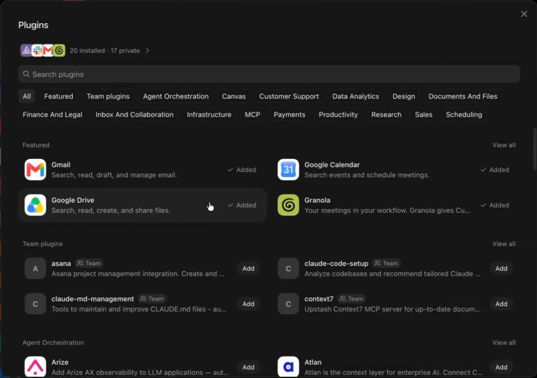 Каталог плагинов: Gmail, календарь, диск и заметки подключены, остальные доступны для добавления