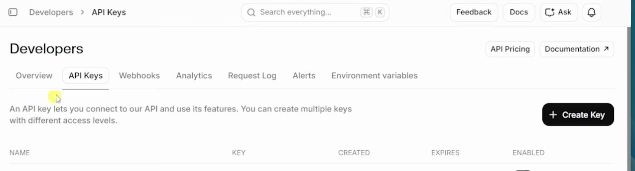 Раздел Developers, вкладка API Keys: здесь создаётся новый ключ