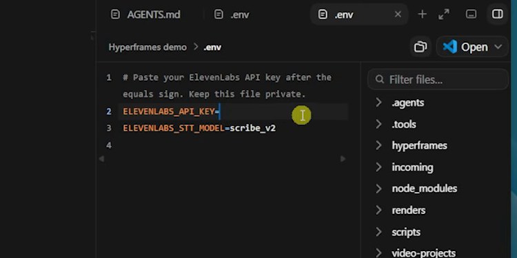 Файл .env с пустым полем под ключ ElevenLabs и комментарием: файл хранить приватным