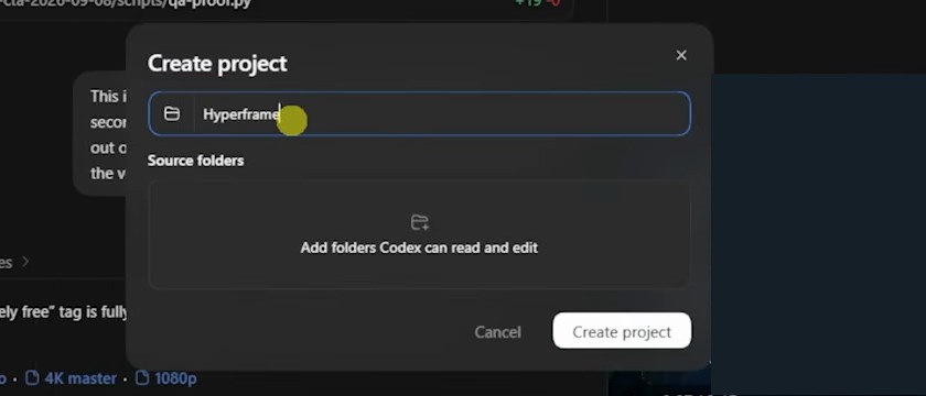 Окно создания проекта в Codex: имя проекта и папка, с которой будет работать агент