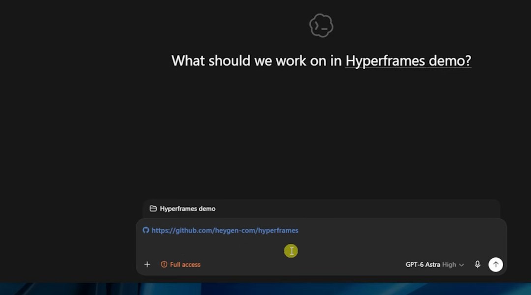 Адрес репозитория Hyperframes вставлен в чат нового проекта Codex