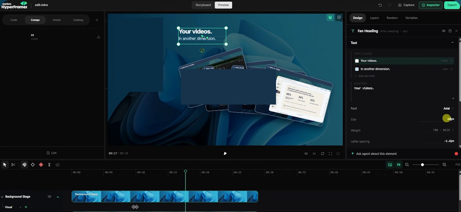 Студия Hyperframes: таймлайн, слои камеры и графики, панель параметров с размером шрифта