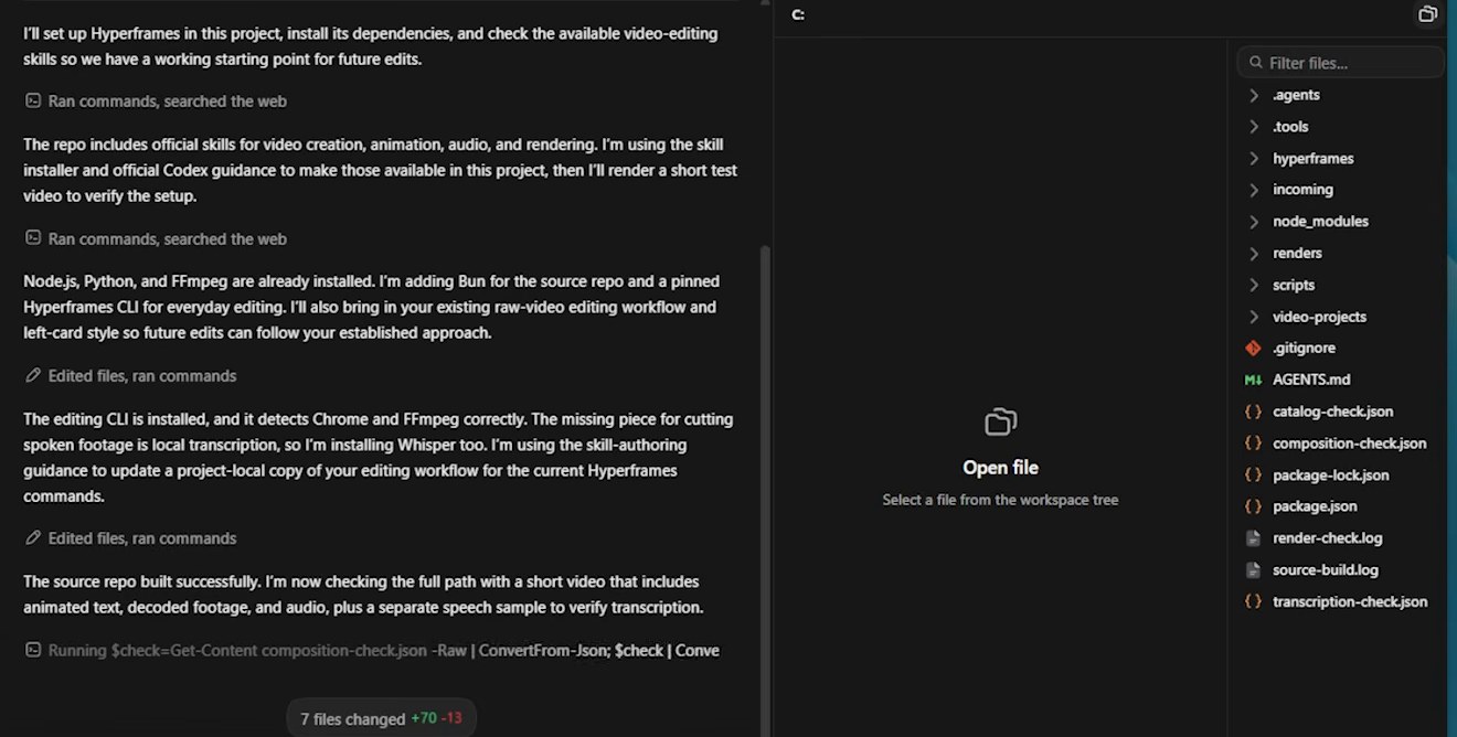 Codex ставит Hyperframes: проверка зависимостей и список файлов проекта справа