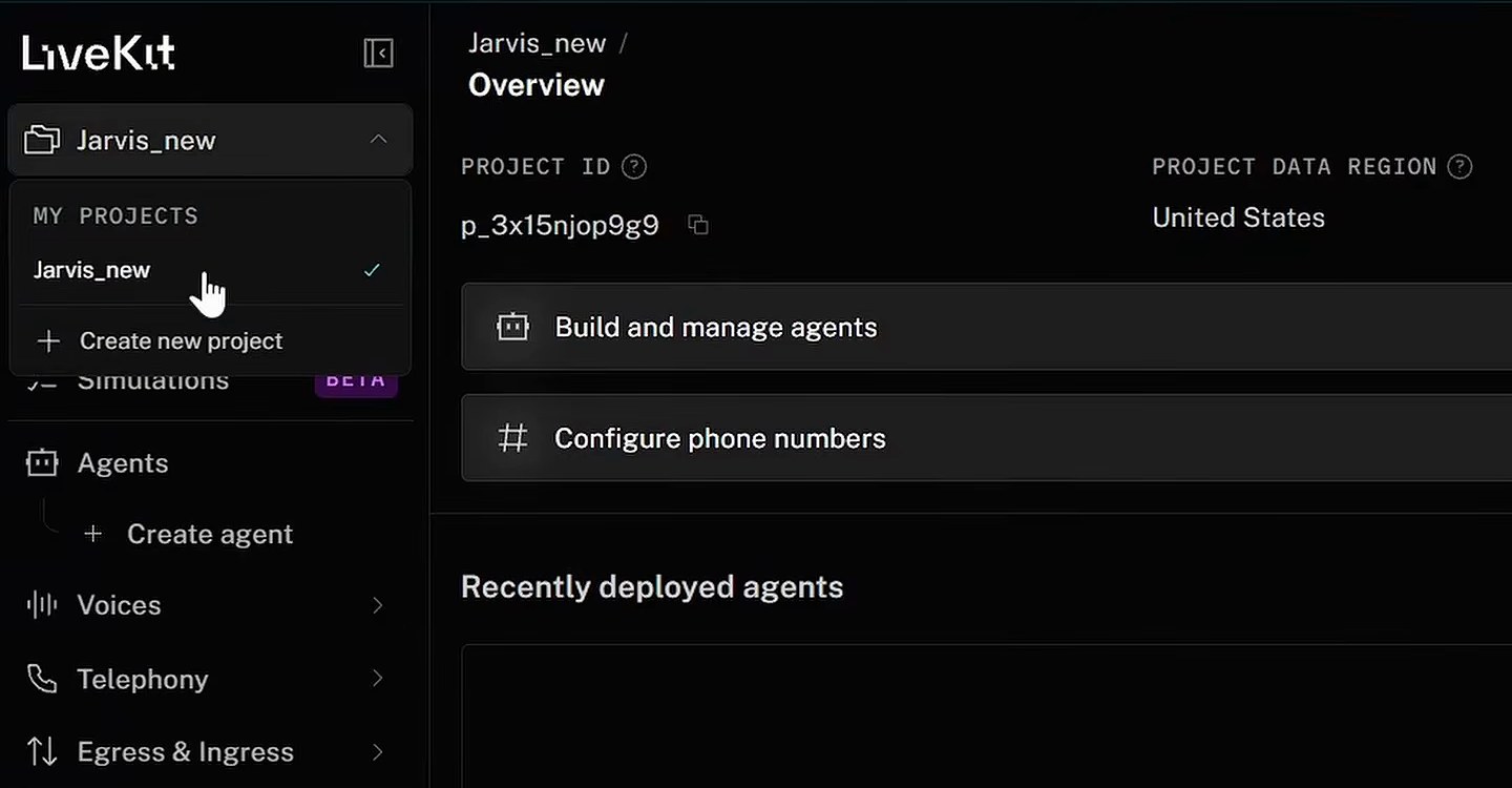 Панель LiveKit Cloud: созданный проект и его обзор