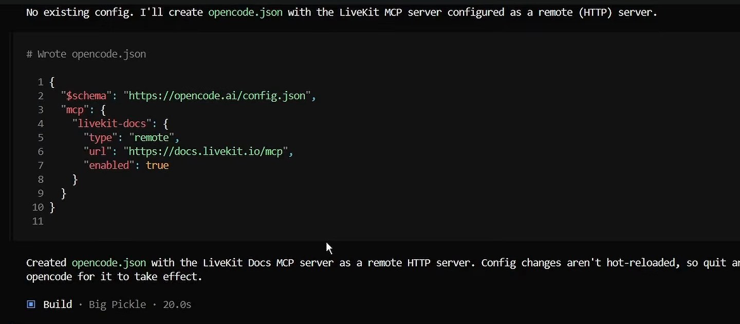 Файл opencode.json: MCP-сервер документации LiveKit добавлен кодинг-агентом