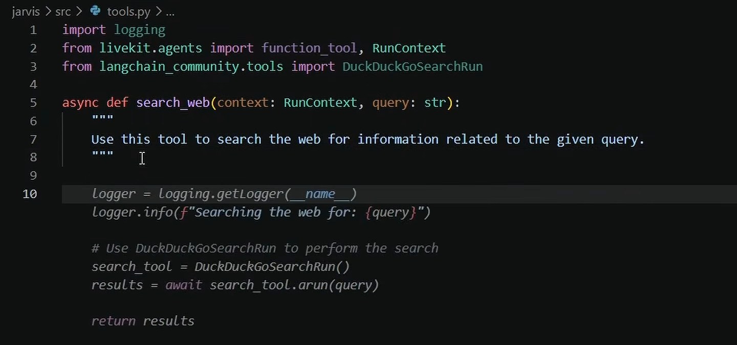 Файл tools.py: функция search_web с описанием и поиском через DuckDuckGo