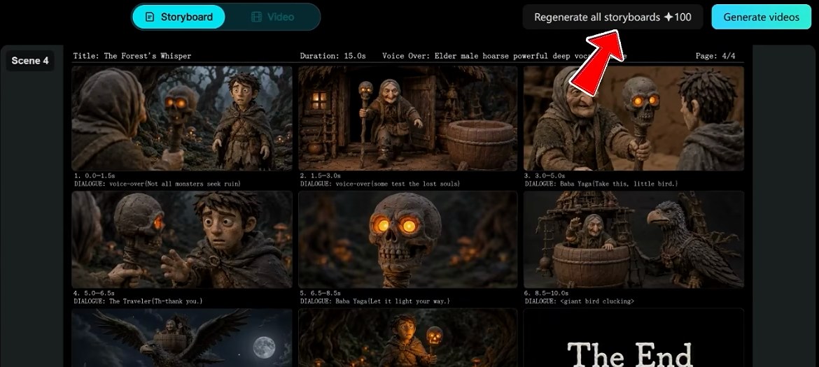 Четвёртая сцена и кнопки «Regenerate all storyboards» и «Generate videos»