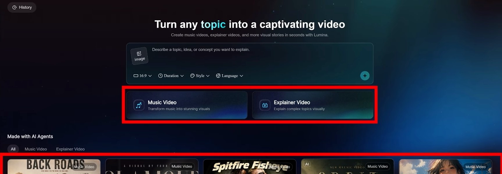 Страница агента: поле для идеи, настройки и кнопки Music Video и Explainer Video