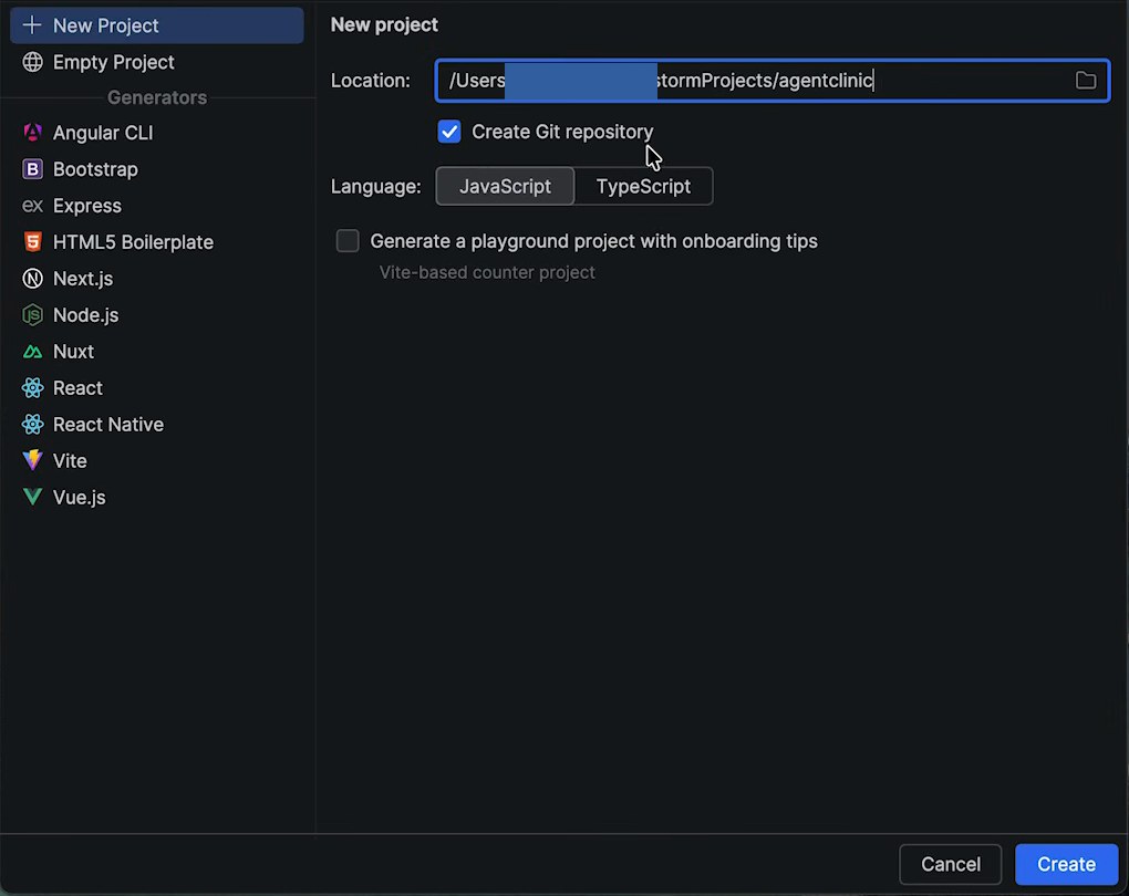 Новый проект в WebStorm: путь, репозиторий Git и выбор языка