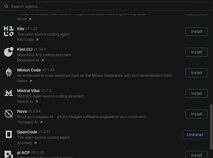 Реестр агентов в настройках IDE: OpenCode, Kilo, Kimi CLI, Mistral Vibe