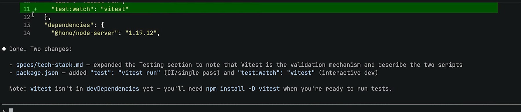 Агент добавил Vitest в стек и скрипты test и test:watch в package.json