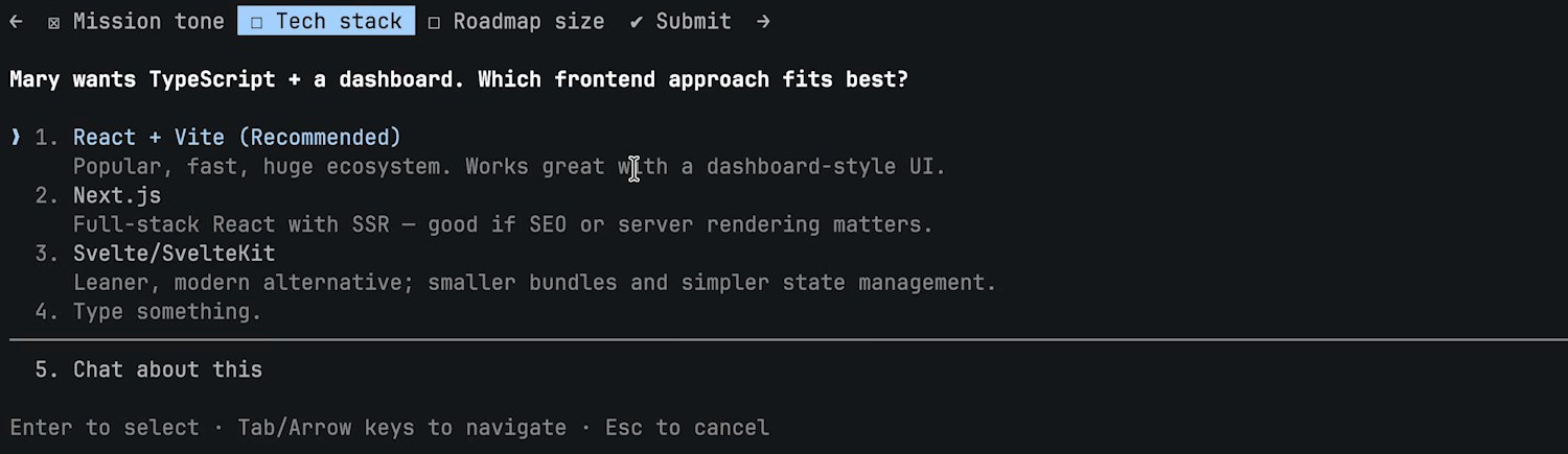 Агент задаёт вопросы по стеку и предлагает варианты: React и Vite, Next.js, Svelte